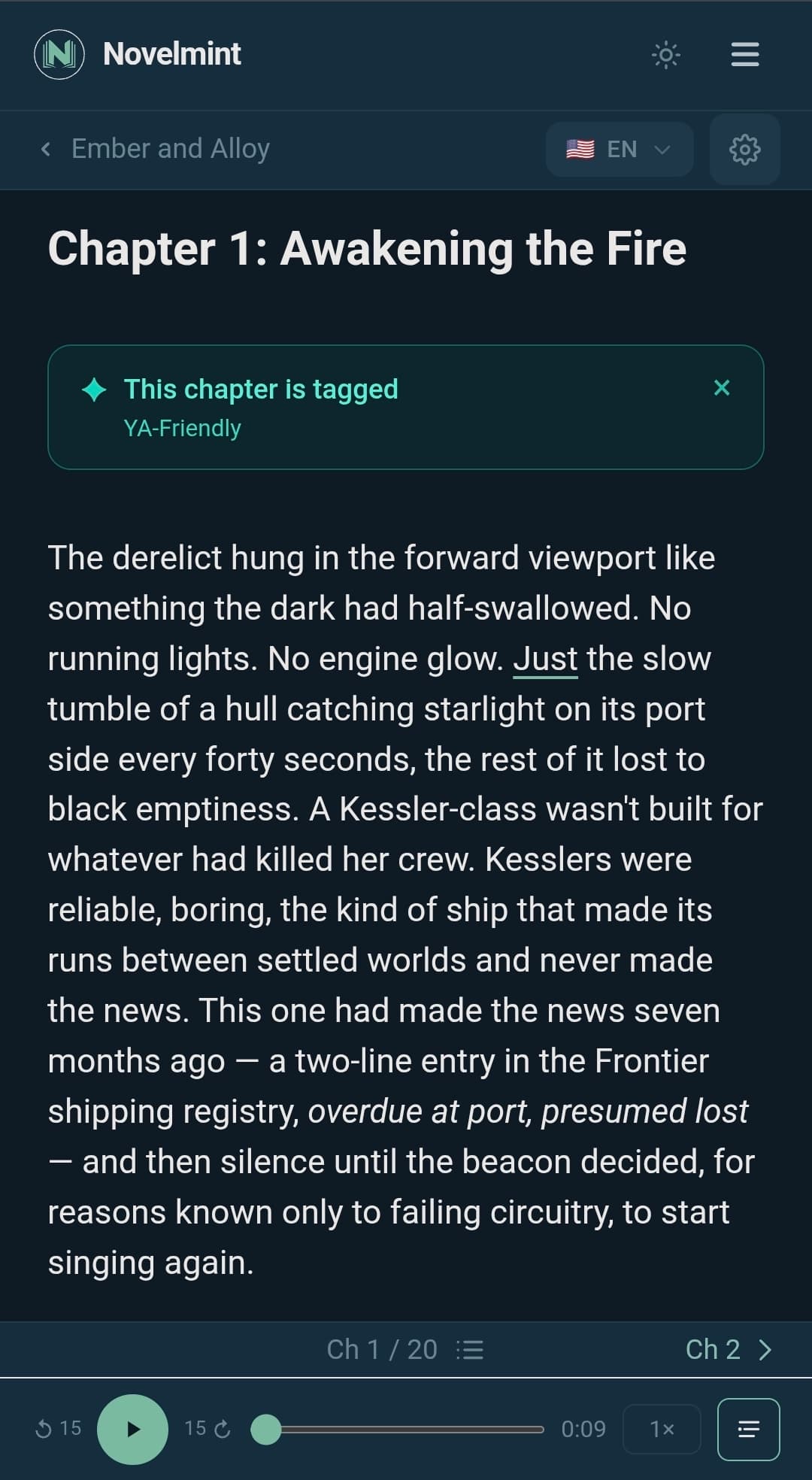 Novelmint mobile reader — chapter text with audio player bar